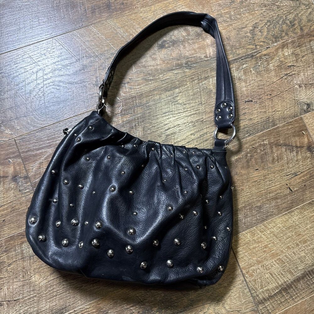 B Makowsky Y2K Black Glove Leather Studded Hobo Shoulder Bag Slouchy Purse
